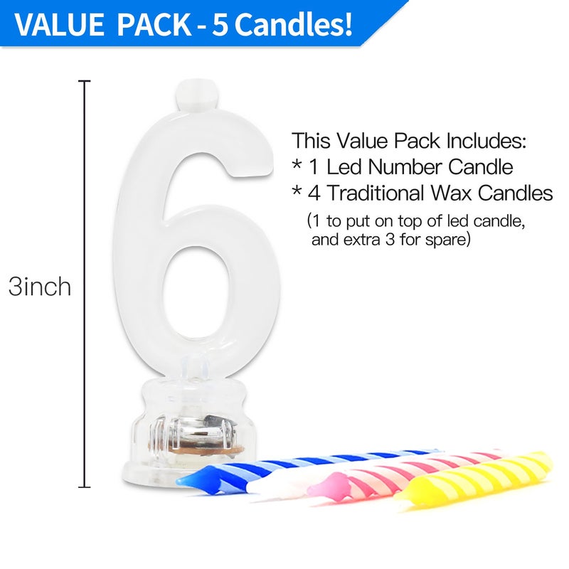 Novelty Place Birthday Number Candle Set, Flashing Multicolor Changing LED Birthday Cake Topper with 4 Wax Candles (Number 6) - Image 3